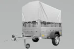 Grande rimorchio ribaltabile UNITRAILER Garden Trailer 230 KIPP con telo alto grigio, sponde a rete e ruota jockey – 230 x 125 cm – PTT fino a 750 kg