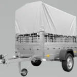 Grande rimorchio ribaltabile UNITRAILER Garden Trailer 230 KIPP con telo alto grigio, sponde a rete e ruota jockey – 230 x 125 cm – PTT fino a 750 kg